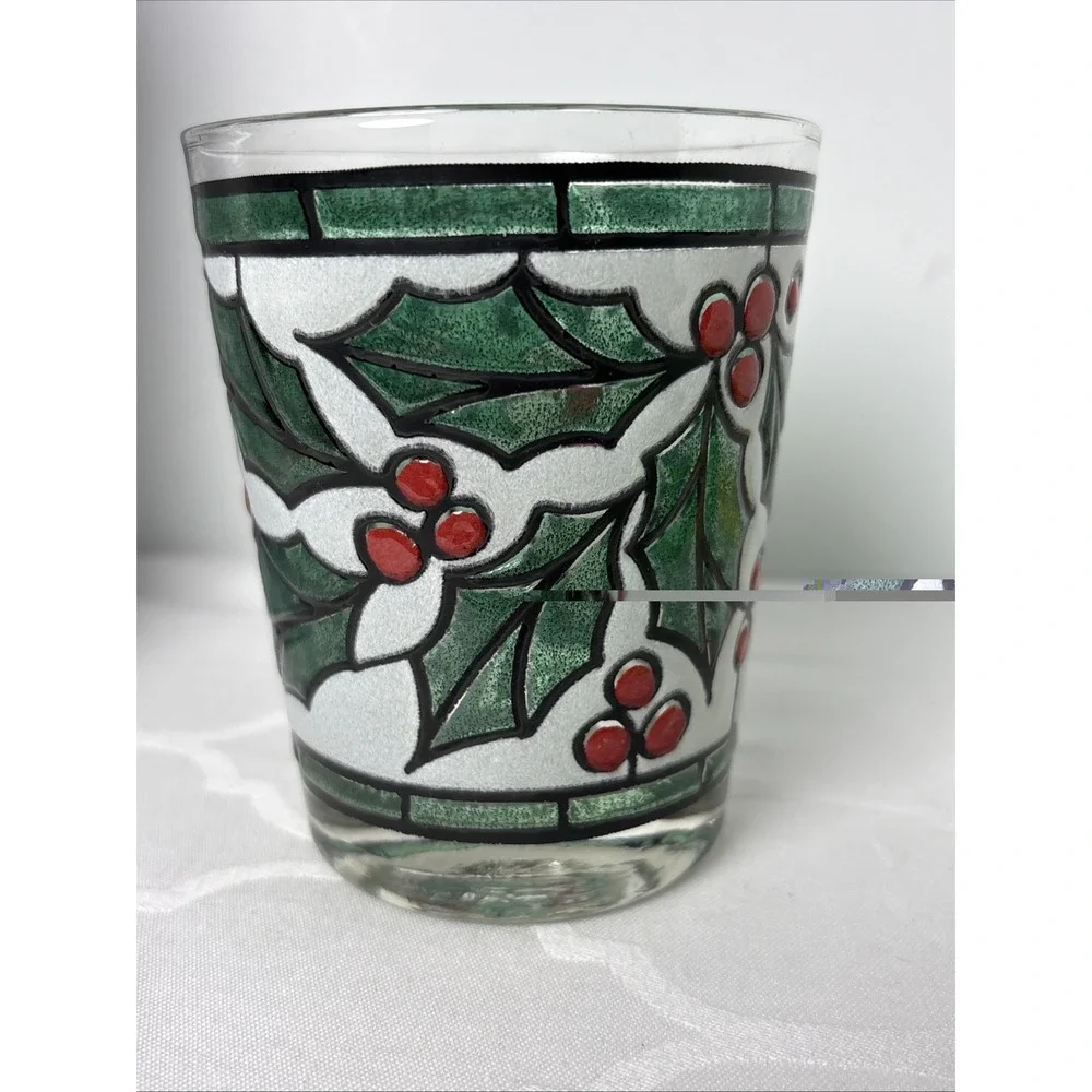 4 West Virginia Snowy Holly Berry Stained Glass On Rocks Christmas Glasses Set
